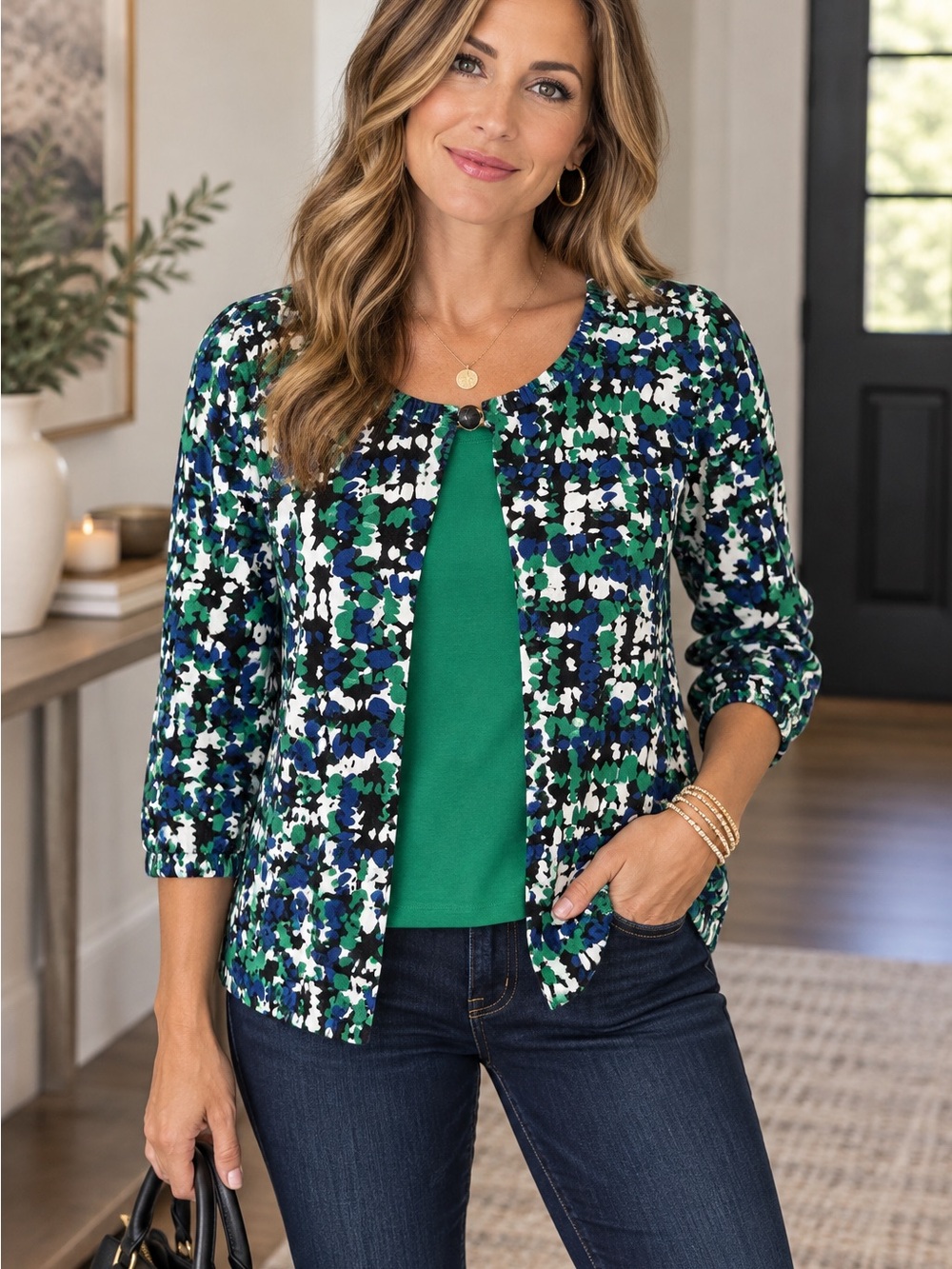 Ruby Rd. Green Multi-Print Single-Button Cardigan and short sleeve green top.